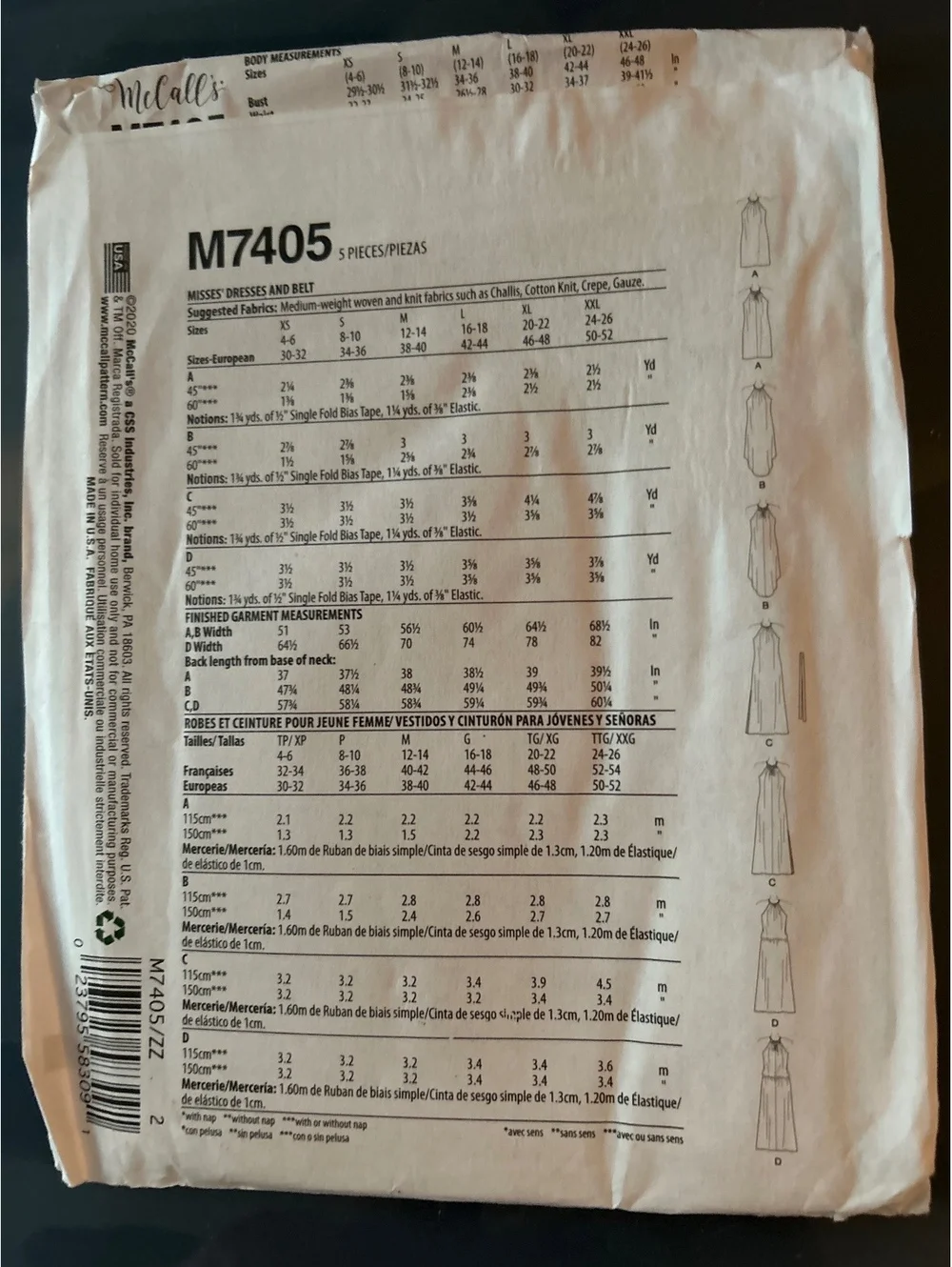 McCall's M7405 Misses' Dresses Sewing Pattern Size 22 (XL-XXL)